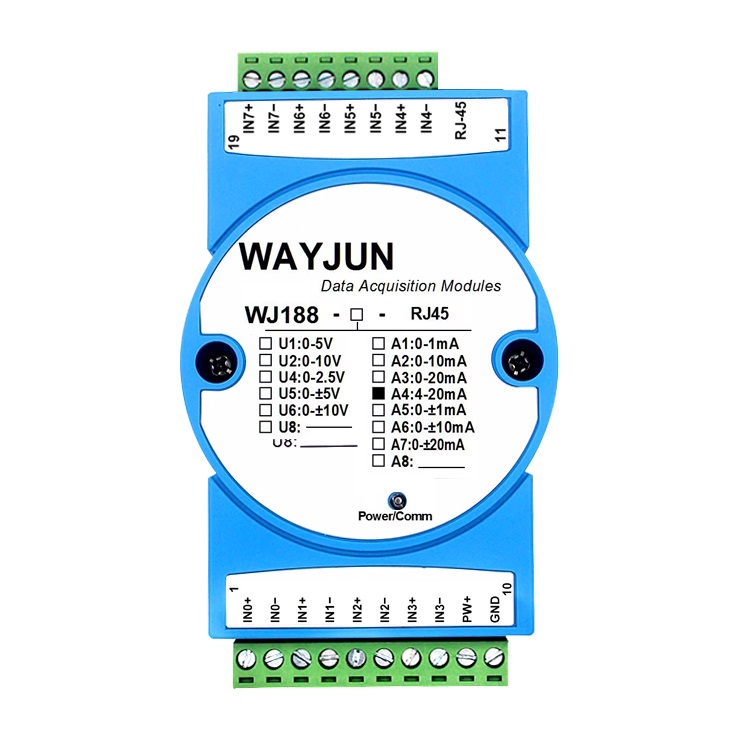 8路4-20mA或0-10V轉(zhuǎn)網(wǎng)絡(luò)Modbus TCP和MQTT數(shù)據(jù)采集模塊 WJ188