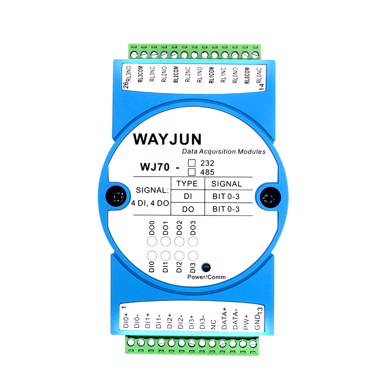 WJ70系列 四路DI四路繼電器輸出，RS-485/232數(shù)據(jù)采集遠(yuǎn)程IO模塊